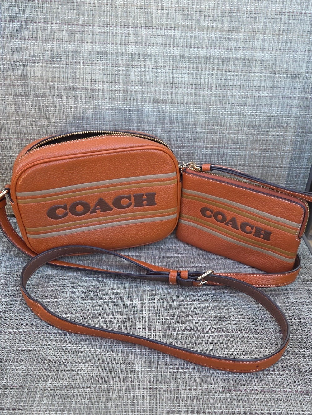 COACH Orange Pebbled Leather Mini Jamie Camera Bag with Matching Zip Pouch
